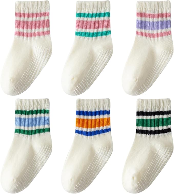 Toddler Grip Socks with Non-Slip Unisex Baby Stripe Crew Cotton Socks | Retro by Wamvp