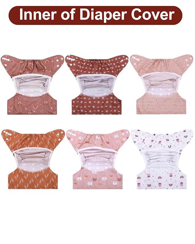babygoal Cloth Diaper Covers 6 Pack with Wet Bag for Fitted Diapers and Prefolds with Double Gussets, Adjustable and Reusable for Baby Boys and Girls 6DCF12-B