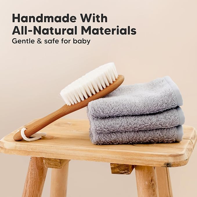 Wooden Baby Hair Brush - Cradle Cap Baby Brush with Soft Goat Bristles, Perfect Gentle Scalp Newborn Comb for Infant, Girls, Boys, Bath Essentials (Golden Oak, Oval)