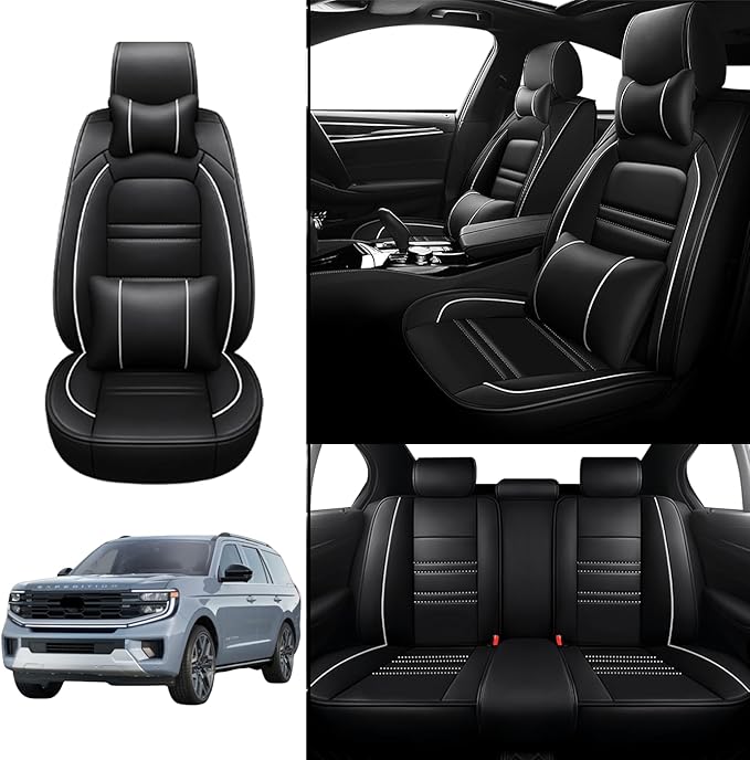 Car Seat Covers for Ford Expedition 1997-2025 | 5-Seats Seat Covers, Waterproof Seat Protectors, Automotive Seat Covers (Full Set with Pillow,Black&White Line)