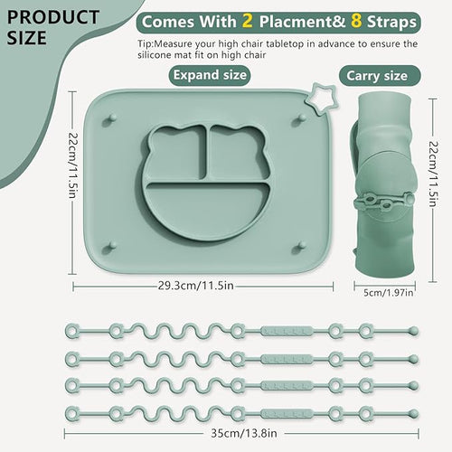 2 Pack Silicone Baby Placemats with Non-Slip Strong Suction Base and Anti-Drop 8 Stretchable Straps, BPA Free Food Grade Silicone Table Mats for Babies Toddlers, High Chair, Dining Tables, Green+Blue