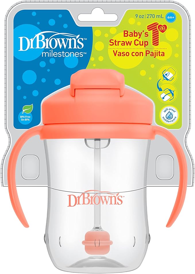 Dr. Brown's Milestones Baby's First Straw Cup, Training Cup with Weighted Straw, 9oz/270mL, Coral, BPA Free, 6m+ (Pack of 12)