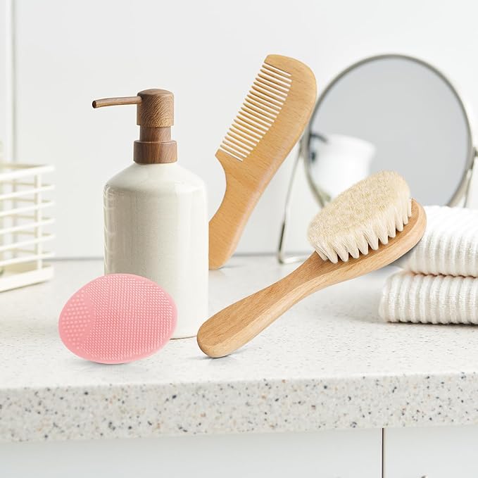 3PCS Baby Hair Brush with Wooden Handle and Comb Set for Newborns & Toddlers | Natural Soft Goat Bristles l Wood Comb l Pink Silicone Brush| Ideal for Cradle Cap