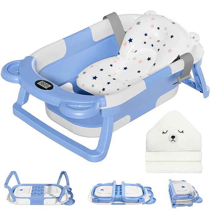 MoreFeel Collapsible Baby Bathtub for Newborn with Thermometer & 1 Hooded Towel & 1 Soft Floating Cushion,Portable Travel Bathtub with Drain Hole, Durable Foldable Baby Tubs for Infants to Toddler