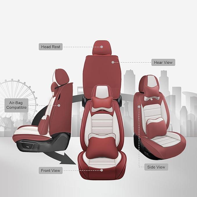 JOJ Car Seat Cover Fit for Toyota Highlander 2001-2025,7 Seat Car Seat Cover,No-Slip Waterproof Breathable Faux Leather Automotive Seat Covers Auto Interior Covers,Full Set with Pillow,Cream Red