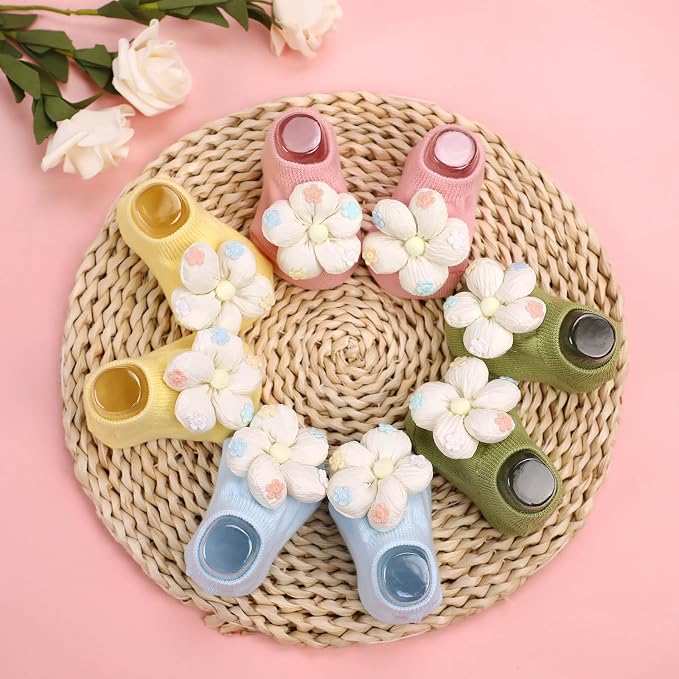 4Packs Baby Girls Socks, Flower Non-Slip Grips - Image 3