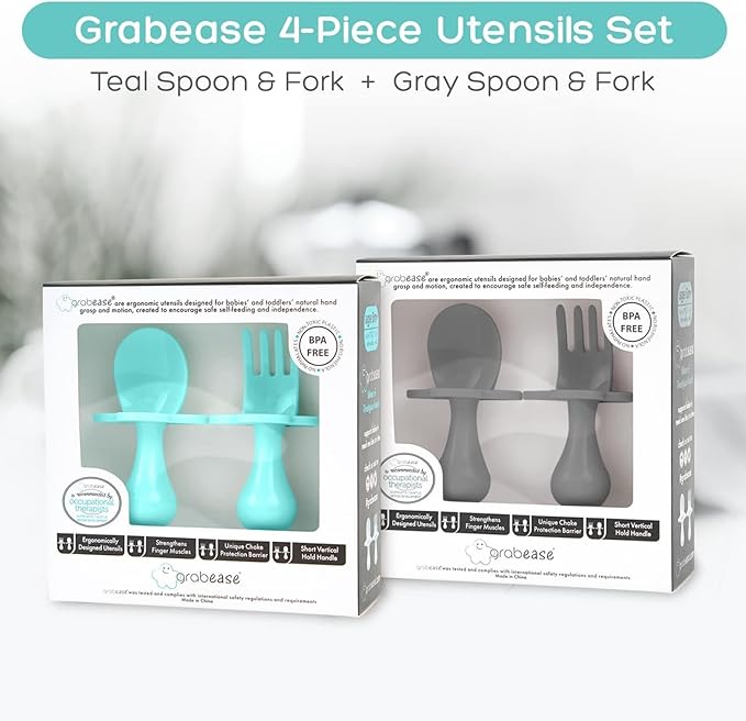 Grabease Silicone Baby Feeding Utensil Set - Self-Feeding Forks For Baby - Forks & Spoon, Ages 6-12 Months - Dishwasher-Safe Infant Spoon & Utensil - Teal & Gray, Pack of 2