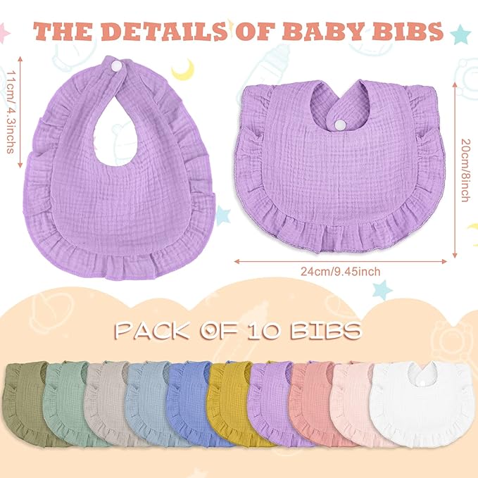 Seematn 10 Pcs Baby Muslin Bibs Drool Bibs Bandana Ruffle Soft Cotton for Newborn Baby Infants Girl Teething Toddlers Boy(Light Colors)