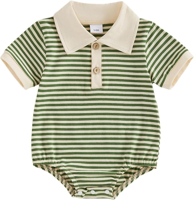 VISGOGO Baby Boy Striped Romper Waffle Short Sleeve Button Oversized Bodysuit by VISGOGO