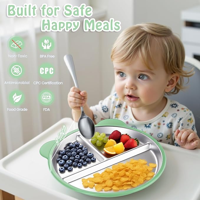 Stainless Steel Kids Plate with Suction Set of 2, 9″ Toddler Divided Plates with Removable Non Slip Silicone Sleeves, Unbreakable Baby Snack Dishes, Mess-Free Mealtime, Mint Green & Wisteria