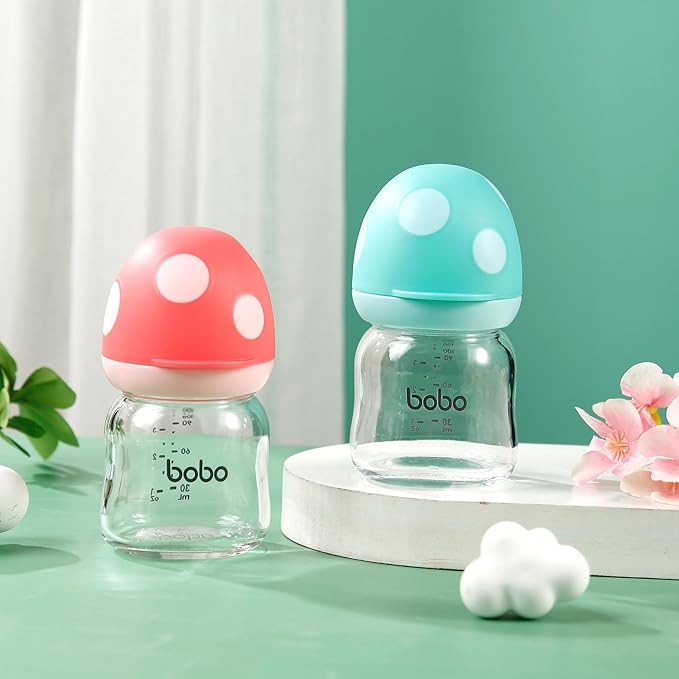 YOHKOH Natural Glass Baby Bottle with Natural Response Nipple, Newborn Anti-Colic Baby Bottles, Wide Neck Mushroom Cap Baby Bottle, Clear (3.4oz (Pack of 2), Multicolour)