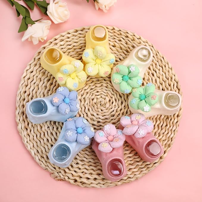 4Packs Baby Girls Socks, Flower Non-Slip Grips - Image 3