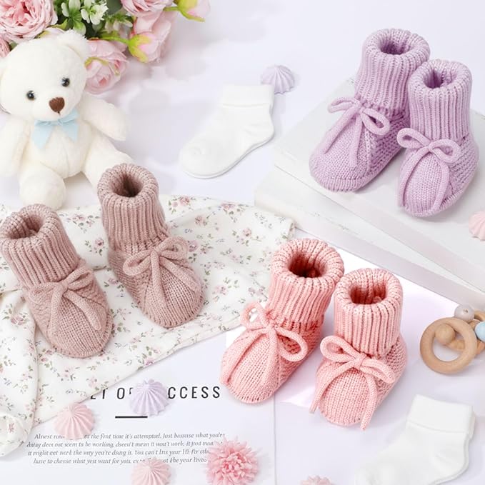 Evervibe 3 Pair Knitted Baby Booties | 100% Cotton, 0-6 Months Newborn - Image 6