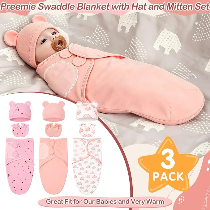 3 Pack Preemie Swaddle with Hat and Mittens Set, Adjustable Cotton Swaddle - Image 4