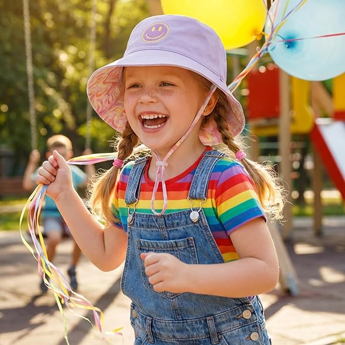 Toddler Hat Reversible Bucket Hat Happy Face Sun Hat Adjustable Chin Strap - Image 6