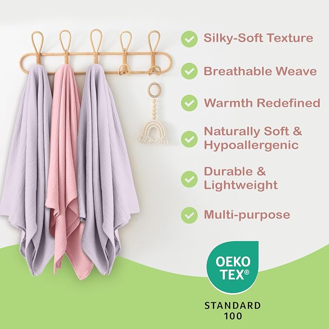 100% Organic Cotton Baby Muslin Blanket 2 Pack 47x47 in Girl Gift | Oeko-TEX - Image 3