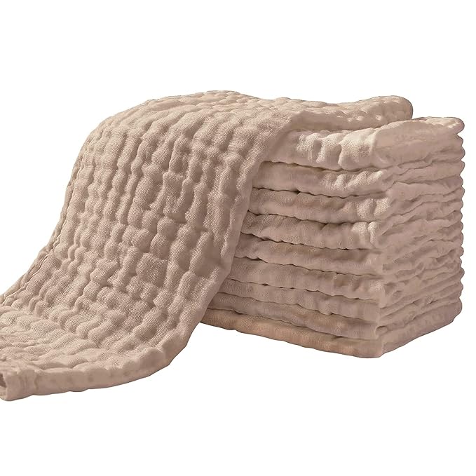 Yoofoss Muslin Burp Cloths for Baby 10 Pack 100% Organic Cotton Baby Washcloths for Boys Girls Large 20''X10'' Super Soft and Absorbent Brown