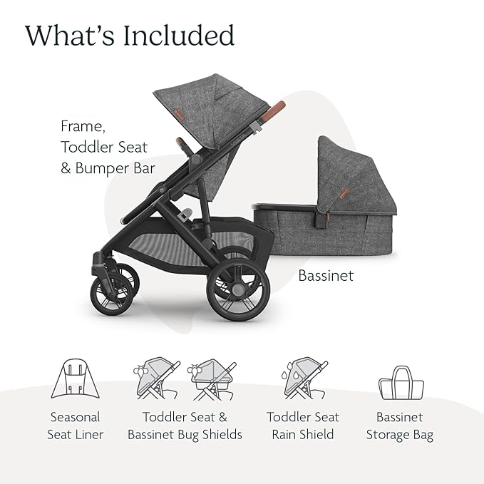 UPPAbaby Vista V3 Stroller + Bassinet V3 - Convertible Single-To-Double Stroller System- Bassinet, Toddler Seat, Bug Shield, Rain Shield Included-Greyson (Charcoal Mélange/Carbon Frame/Saddle Leather)