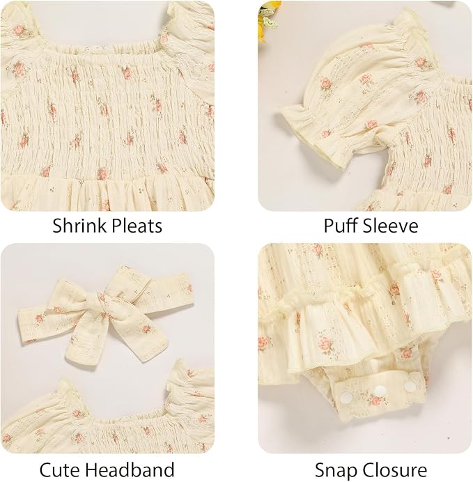 GRNSHTS Baby Girl Romper Dress, Puff Sleeve Smocked Outfit - Image 6