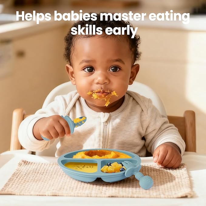 2 Pack Baby Plates with Suction, 2 Pack Silicone Forks and Spoons Set, Baby Led Weaning Supplies, BPA Free, Toddler Utensils for Feeding Essentials