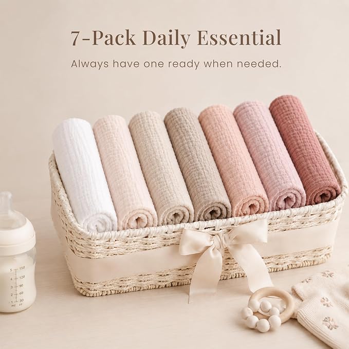 Konssy 7-Pack Muslin Baby Burp Cloths, 6-Layer 100% Cotton | Soft & Absorbent - Image 7