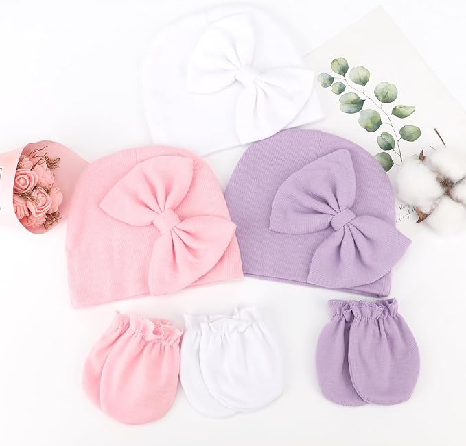 Newborn Baby Hats and Mittens Set Infant Bow Beanie Cap Toddler Gloves Newborn - Image 4