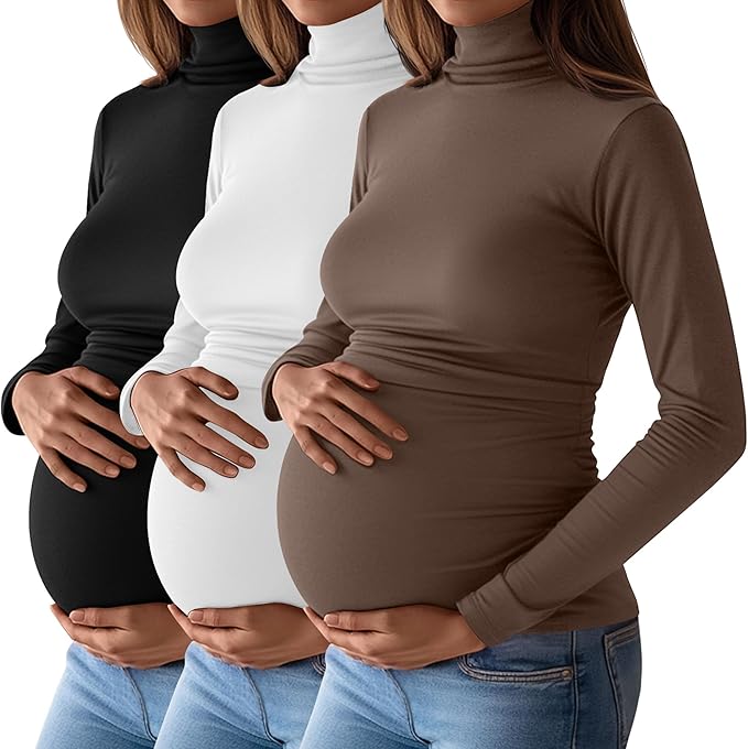 Ficerd 3 Pack Women's Maternity Shirts, Turtleneck Long Sleeve Pregnancy Tops Casual Side Ruched Maternity Tees Mama Clothes