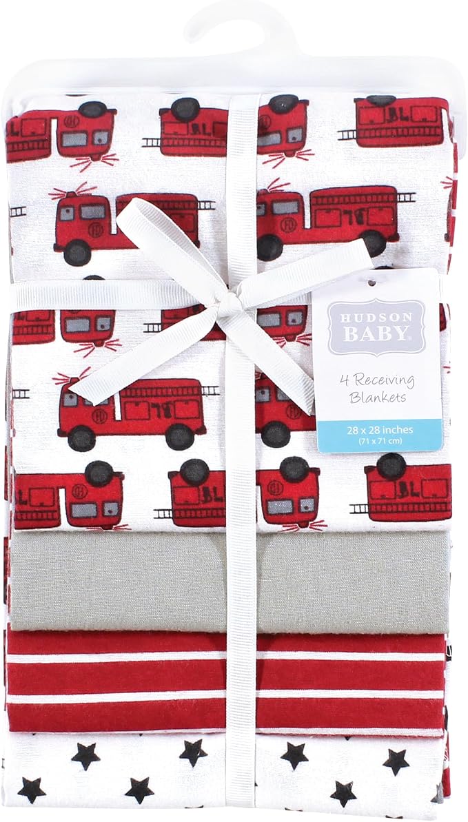 Hudson Baby Infant Boys Cotton Flannel Receiving Blankets 4-Pack, Fire Truck - Image 2