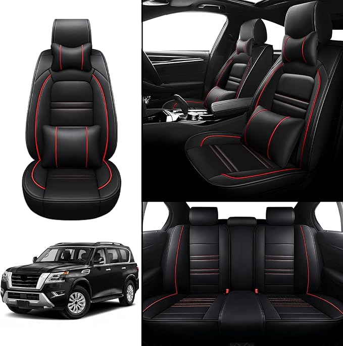 Car Seat Covers for Nissan Car Armada 2004-2024 | 5-Seats Seat Covers, Waterproof Seat Protectors, Automotive Seat Covers (Full Set with Pillow,Black&Red Line)