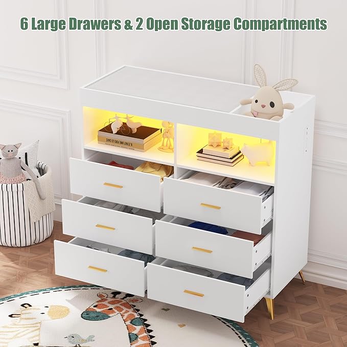 GarveeHome Dresser for Bedroom with 6 Drawers, Baby Changing Table Dresser with Changing Pad, LED Lights & Charging Station, Baby Changing Station with Changing Table Top (White)