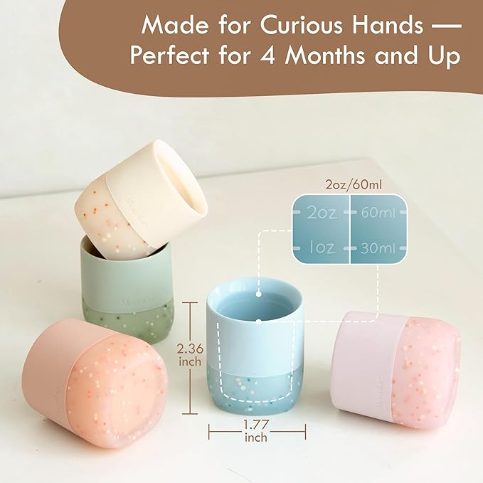 Moonkie Silicone Baby Cups 4 Months+ | Tiny Open Training Cups for Infants with Confetti Sprinkles | Baby-Led Weaning Essential | 2 oz (Ether/Mint, 2 Pack)
