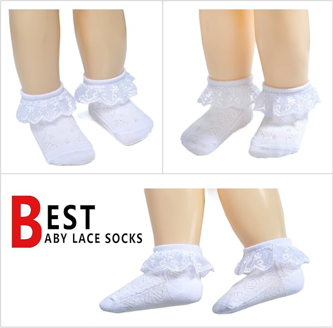 EPEIUS Baby Girl Ruffle Socks, Eyelet Frilly Lace Socks - Image 5