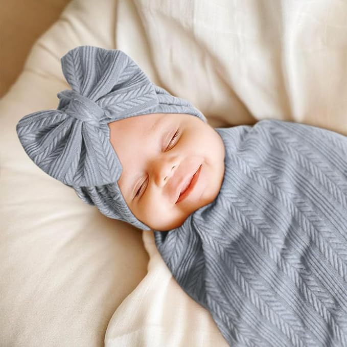 AQOKKA Newborn Receiving Blanket Wheat Ear Bow Hat Hairband Set - Image 5