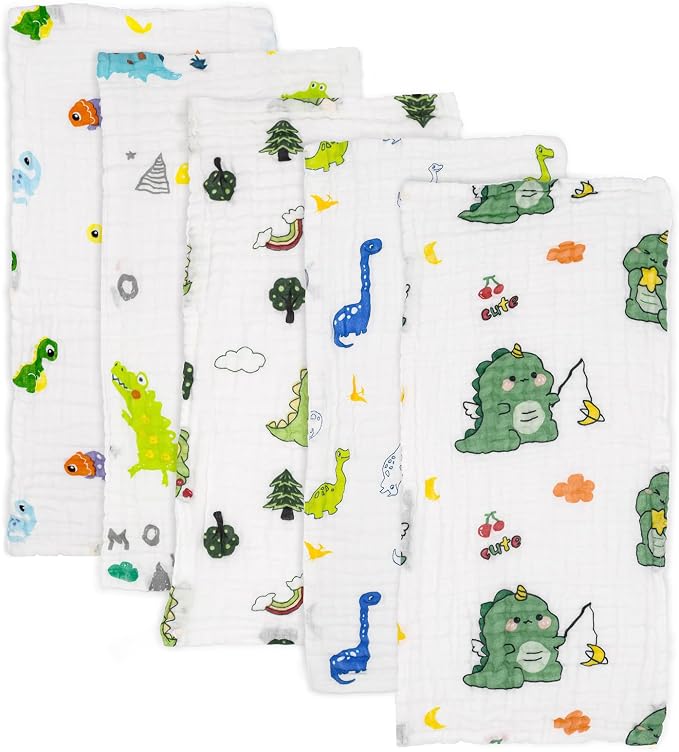 PENG'S M Baby Muslin Burp Cloths 5 Pack Dinosaur Burping Rags Super Soft Face by PENG%27S+M