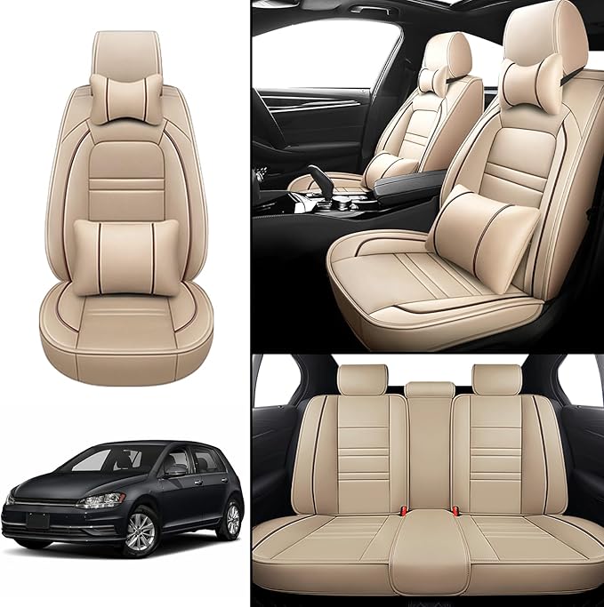 Car Seat Covers for VW Car Golf 2015-2019 | 5-Seats Seat Covers, Waterproof Seat Protectors, Automotive Seat Covers (Full Set with Pillow,Beige)
