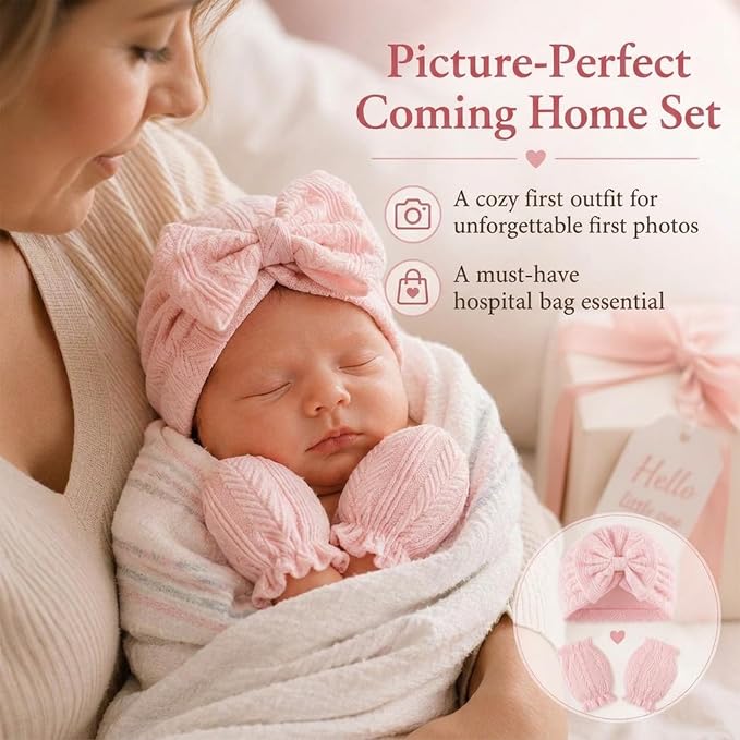 8 Sets Newborn Baby Girl Bow Hats and Mittens Turban Beanies 0-3M | Cotton - Image 6