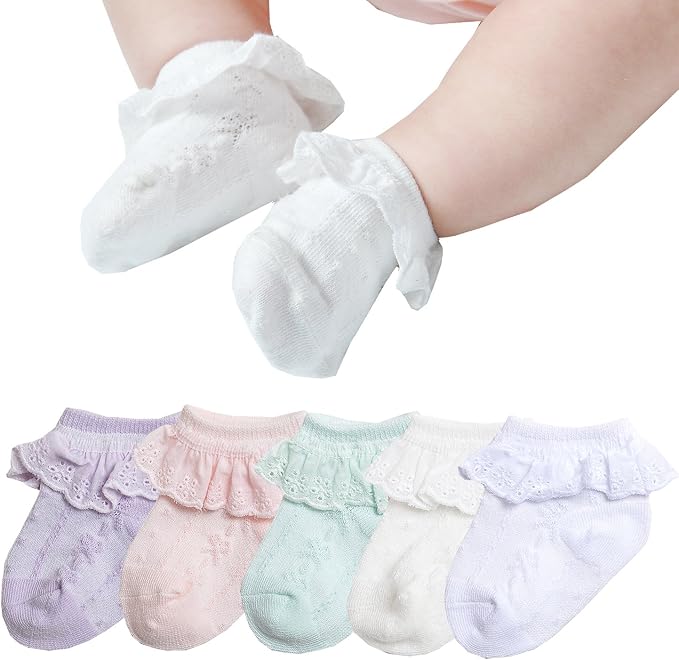 EPEIUS Baby Girl Ruffle Socks, Eyelet Frilly Lace Socks by EPEIUS