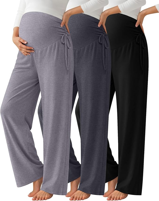Neer 3 Pack Women's Maternity Pants Over The Belly Loose Pregnancy Pants Stretchy Lounge Wide Leg Trousers with Pockets