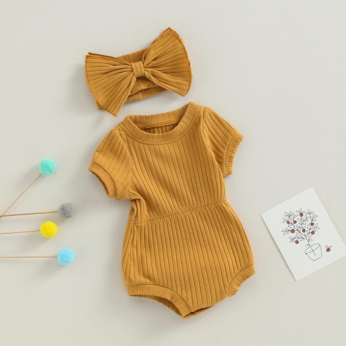 FOCUSNORM Baby Girl Summer Clothes Ribbed Short Sleeve Romper Solid Color - Image 3