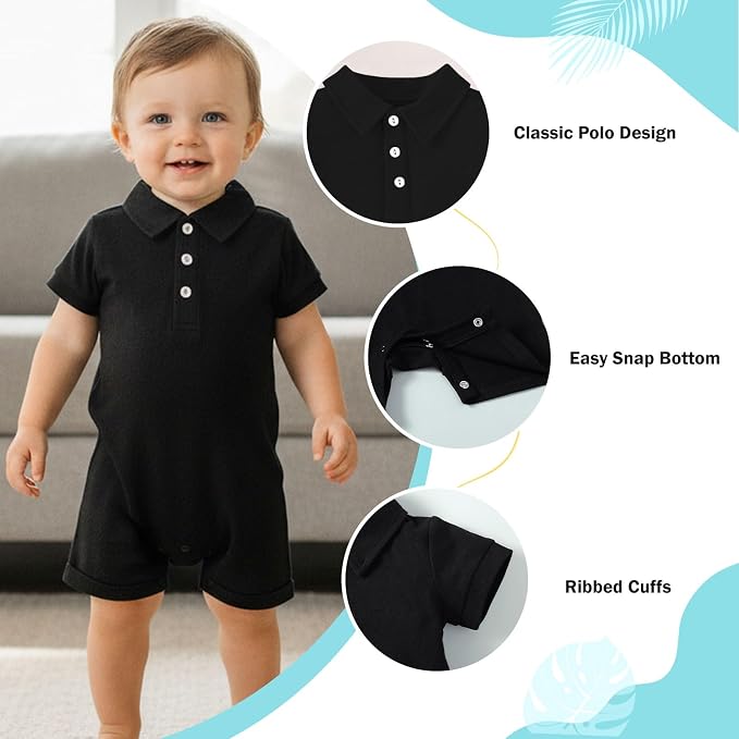 DEFAHN Baby Boy Polo Romper Short Sleeve Collared One-Piece Outfit 0-24M - Image 2