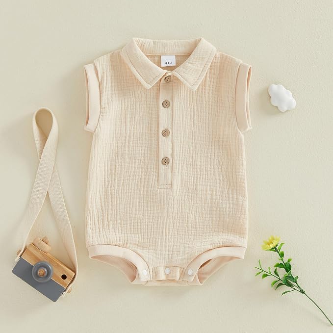 Honganda Newborn Baby Boy Cotton Linen Romper Short Sleeve Lapel Collar Button - Image 5