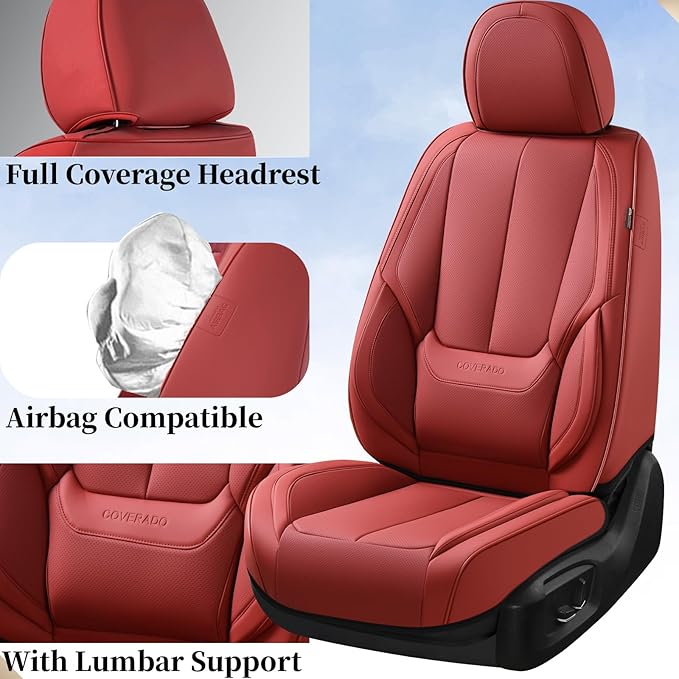 Coverado Car Seat Covers Full Set, Seat Covers for Cars, Red Car Seat Covers Front Seats and Back Car Seat Protector Waterproof, Leather Car Seat Cushion Universal Fit for Most s