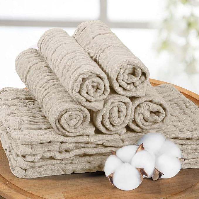 Yoofoss Muslin Burp Cloths for Baby 10 Pack 100% Organic Cotton Baby Washcloths for Boys Girls Large 20''X10'' Super Soft and Absorbent Apricot White
