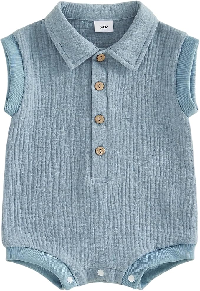 Honganda Newborn Baby Boy Cotton Linen Romper Short Sleeve Lapel Collar Button by Honganda