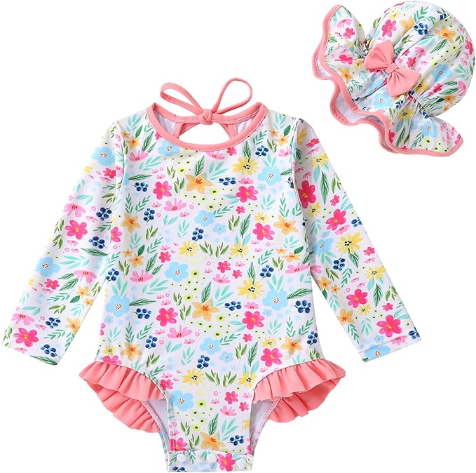YOUNGER TREE Infant Baby Girls Swimsuit Long Sleeve Swimsuits One Piece Swimsuit Solid Color Bathing Suit with Hat, UPF 50+