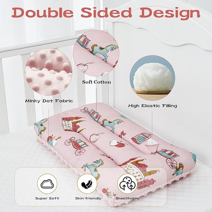 Reidio 1Pcs Toddler Pillow Double Sided Breathable Soft Cotton & Minky Dot Fabric Kids Pillow Cute Small Pillow Machine Washable (Blue)