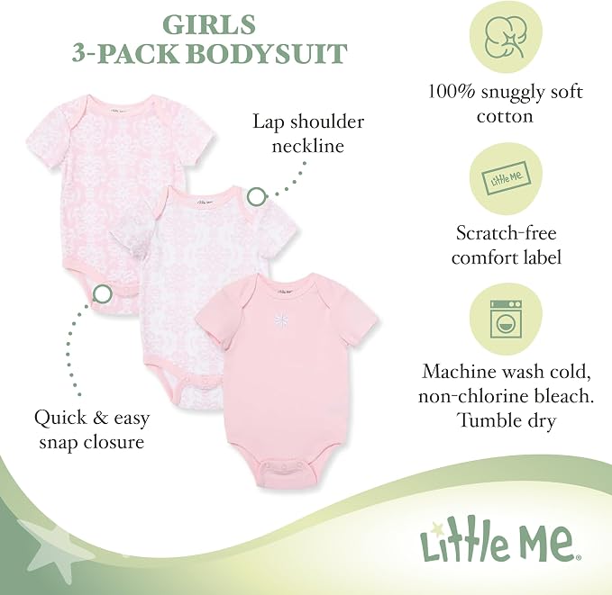 Little Me Clothes for Baby Girls' 3-Pack 100% Cotton Bodysuits - Image 2