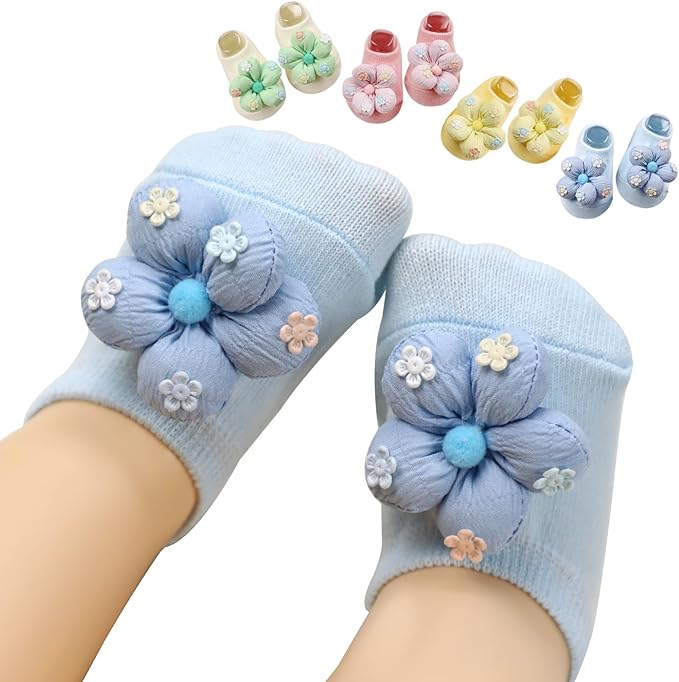 4Packs Baby Girls Socks, Flower Non-Slip Grips by KEAINVRN