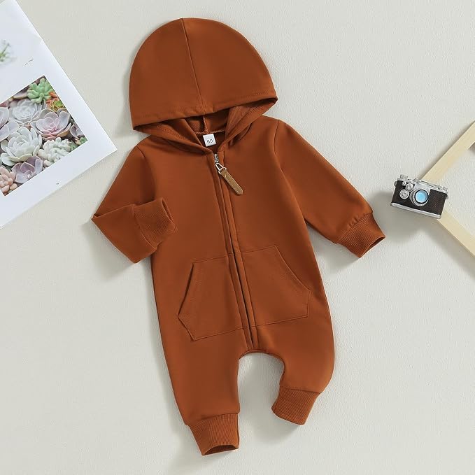 Infant Baby Boy Girl Clothes Solid Hoodie Romper Zip Up Long Sleeve Hooded - Image 2