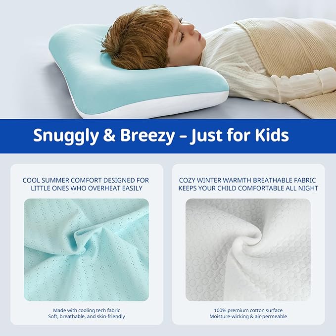 Toddler Pillow with Pillowcase, Breathable & Cozy Machine Washable Kids Pillow with Pillowcase, 21.6x13.8 Ergonomic Children Pillow for Boys and Girls Aged 3-8 (Blue, Height 2)